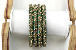 Glass Bangles Set of 4 - Golden Stone Studded Bollywood Traditional Beautiful Bangle Set for Women Girl Wedding Favour