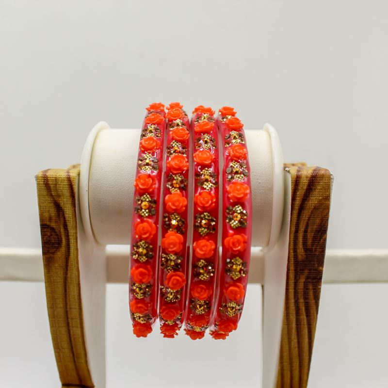 Indian Plastic Bangles Set 4-Stone&Flower Work Women Girl Wedding Special Bangle