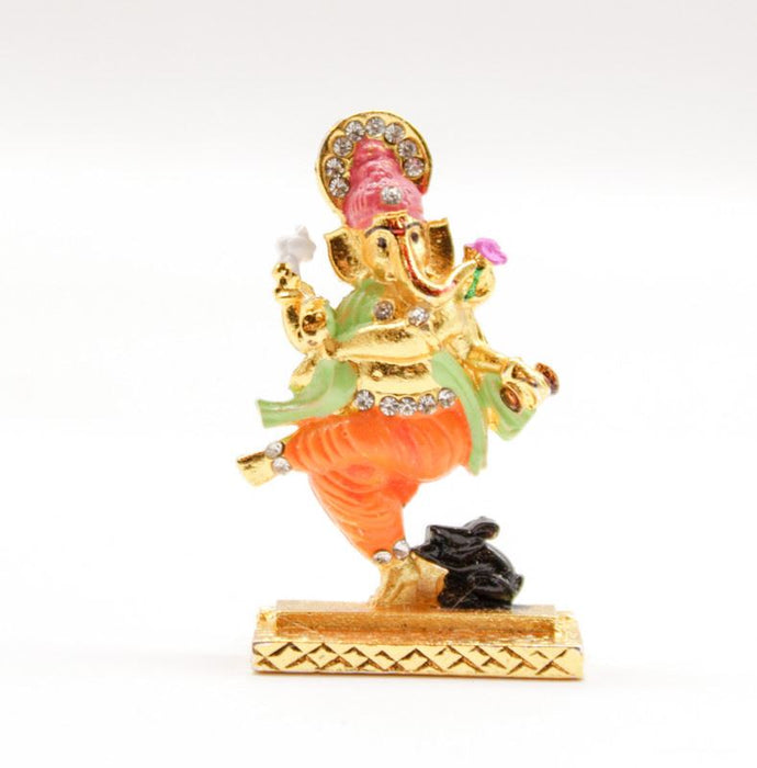 LORD GANESHA  DANCE GOLD & ORANGE COLOR CAR DASH BOARD SMALL STATUE HINDU METAL
