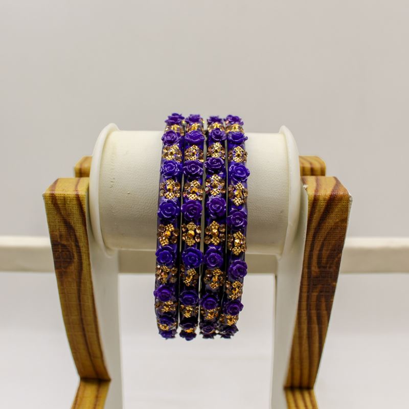 Indian Plastic Bangles Set 4-Stone&Flower Work Women Girl Wedding Special Bangle