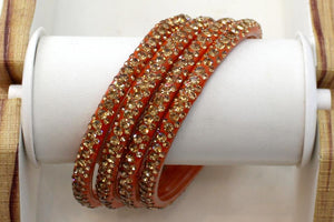 Glass Bangles Set of 4 - Golden Stone Decorated Bollywood Traditional Beautiful Bangle Set for Women Girl Wedding Special