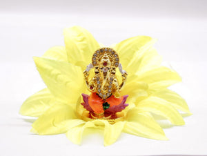 LORD GANESHA GOLD & ORANGE COLOR GANPATI CAR DASH BOARD SMALL STATUE HINDU METAL