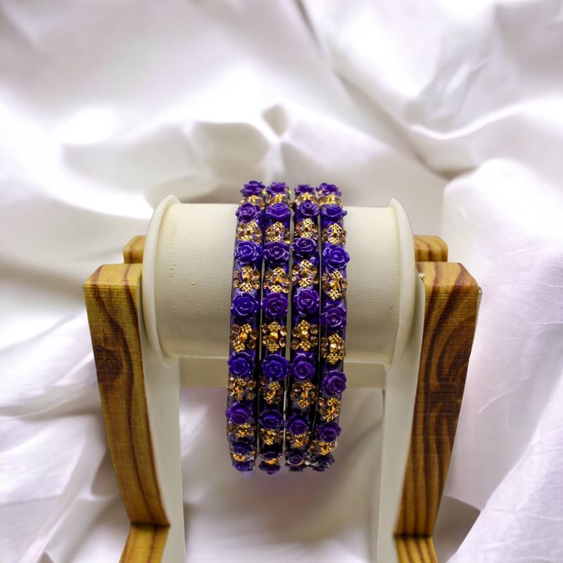 Indian Plastic Bangles Set 4-Stone&Flower Work Women Girl Wedding Special Bangle