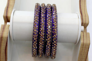 Glass Bangles Set of 4 - Golden Stone Decorated Bollywood Traditional Beautiful Bangle Set for Women Girl Wedding Special