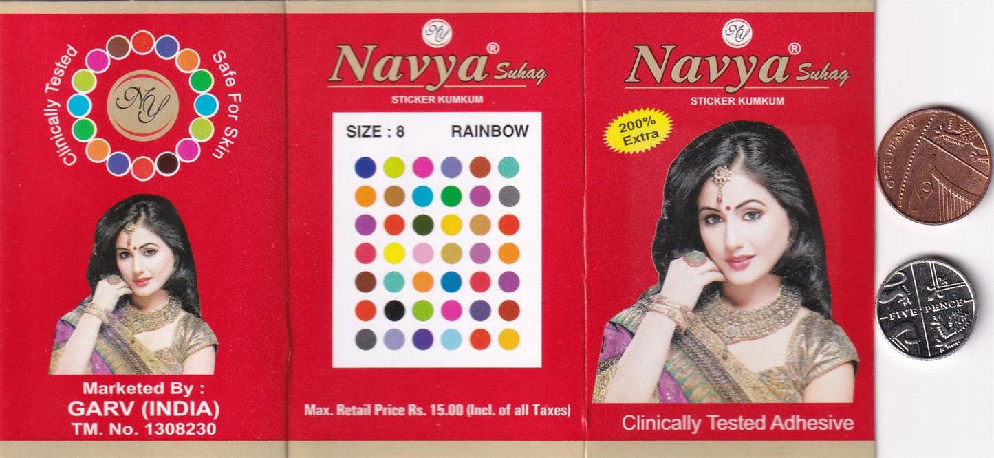 Coloured Bindi round Forehead Tika, Face Jewels Body Art Bollywood Bindis Self Adhesive Stickers Clinically Tested Safe for Skin - Size 3 to Size 10