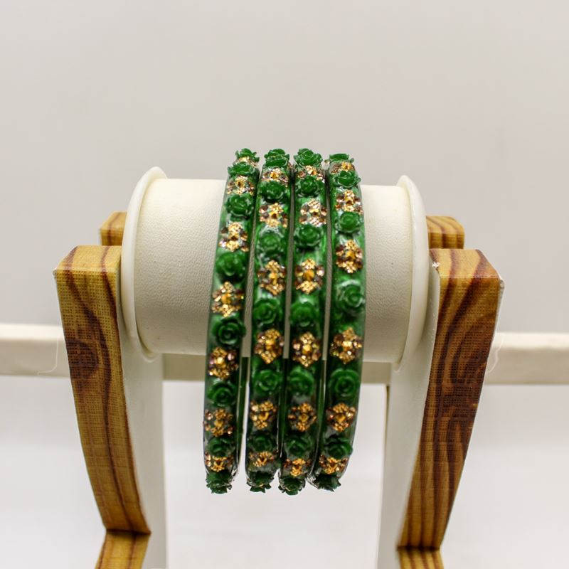 Indian Plastic Bangles Set 4-Stone&Flower Work Women Girl Wedding Special Bangle