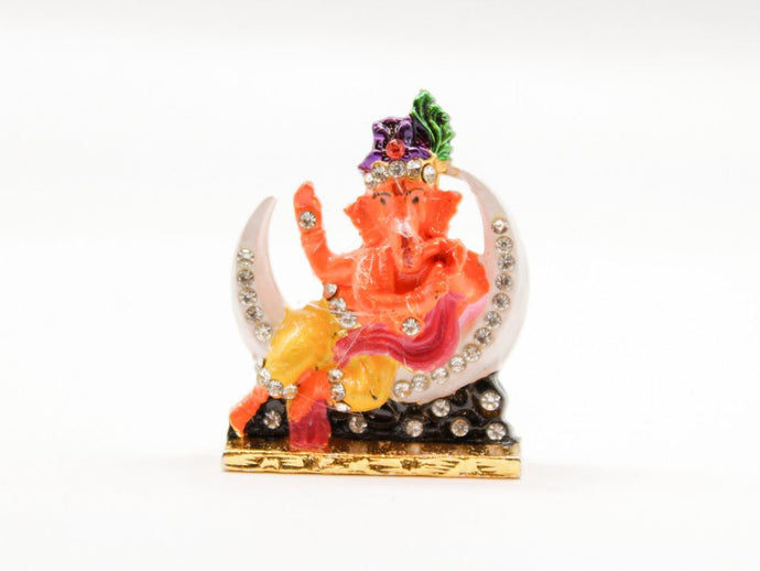 LORD GANESHA MOON ORANGE COLOR GANPATI CAR DASH BOARD SMALL STATUE HINDU METAL