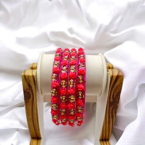 Indian Plastic Bangles Set 4-Stone&Flower Work Women Girl Wedding Special Bangle