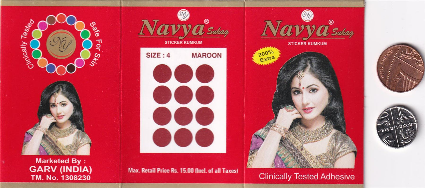Coloured Bindi round Forehead Tika, Face Jewels Body Art Bollywood Bindis Self Adhesive Stickers Clinically Tested Safe for Skin - Size 3 to Size 10