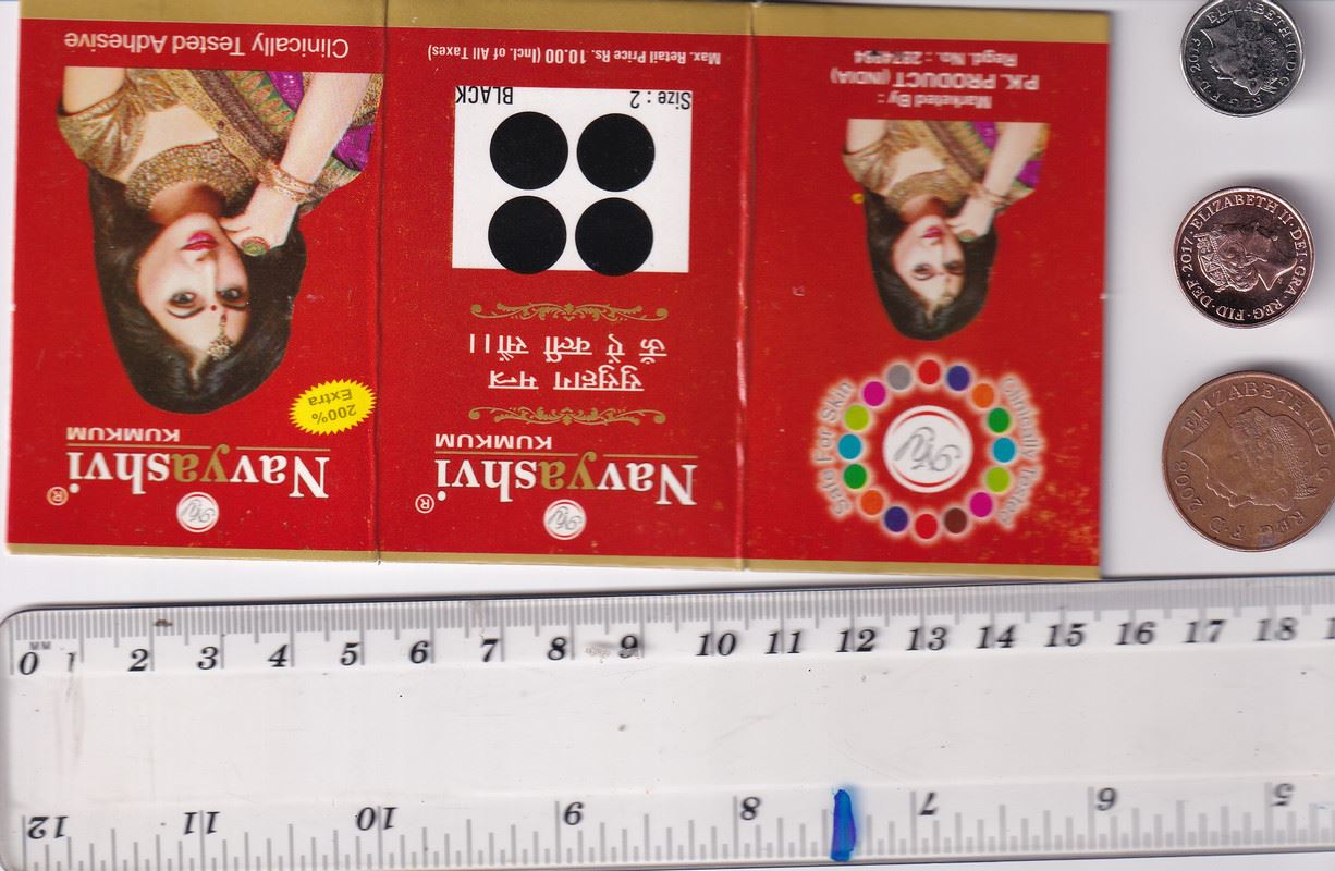 Coloured Bindi round Forehead Tika, Face Jewels Body Art Bollywood Bindis Self Adhesive Stickers Clinically Tested Safe for Skin - Size 3 to Size 10