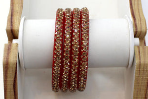 Glass Bangles Set of 4 - Golden Stone Decorated Bollywood Traditional Beautiful Bangle Set for Women Girl Wedding Special