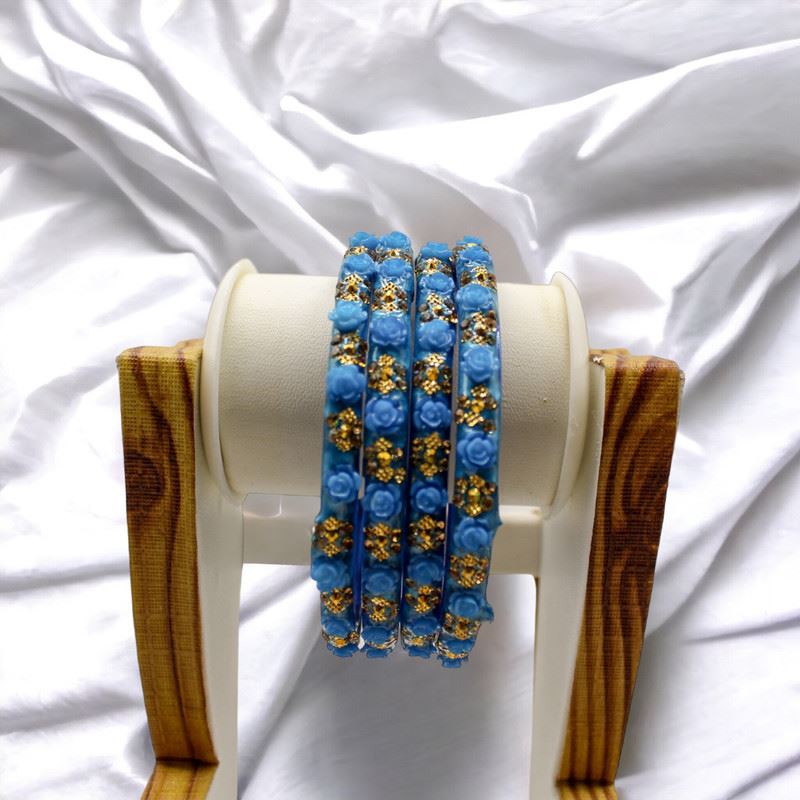 Indian Plastic Bangles Set 4-Stone&Flower Work Women Girl Wedding Special Bangle