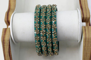 Glass Bangles Set of 4 - Golden Stone Studded Bollywood Traditional Beautiful Bangle Set for Women Girl Wedding Favour