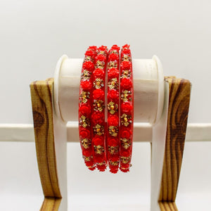 Indian Plastic Bangles Set 4-Stone&Flower Work Women Girl Wedding Special Bangle