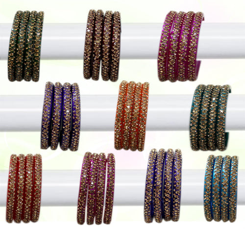 Glass Bangles Set of 4 - Golden Stone Decorated Bollywood Traditional Beautiful Bangle Set for Women Girl Wedding Special