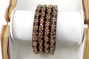 Glass Bangles Set of 4 - Golden Stone Studded Bollywood Traditional Beautiful Bangle Set for Women Girl Wedding Favour
