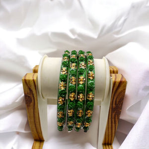Indian Plastic Bangles Set 4-Stone&Flower Work Women Girl Wedding Special Bangle