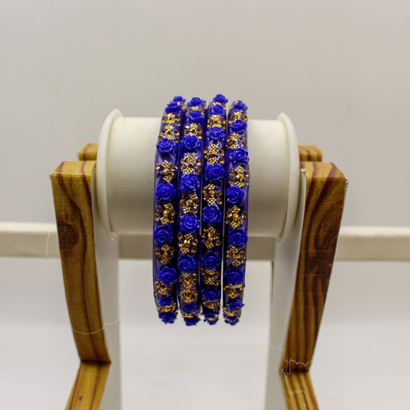Indian Plastic Bangles Set 4-Stone&Flower Work Women Girl Wedding Special Bangle