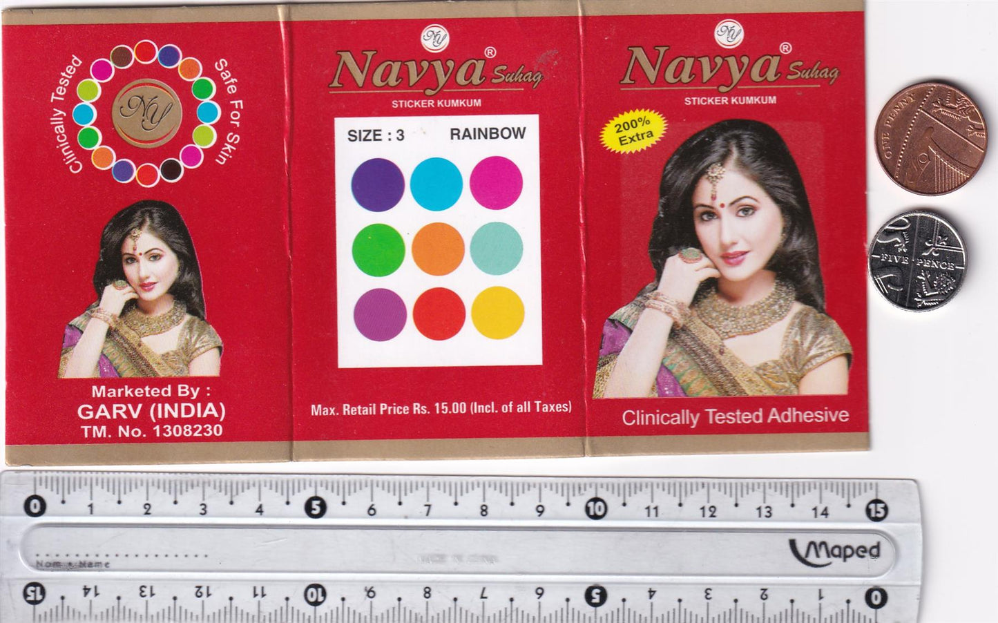 Coloured Bindi round Forehead Tika, Face Jewels Body Art Bollywood Bindis Self Adhesive Stickers Clinically Tested Safe for Skin - Size 3 to Size 10