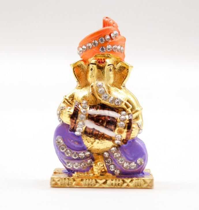 LORD GANESHA  DHOL GOLD & BLUE COLOR CAR DASH BOARD SMALL STATUE HINDU METAL