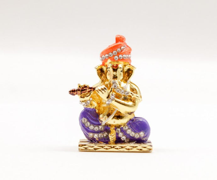LORD GANESHA  BASURI GOLD & BLUE COLOR CAR DASH BOARD SMALL STATUE HINDU METAL
