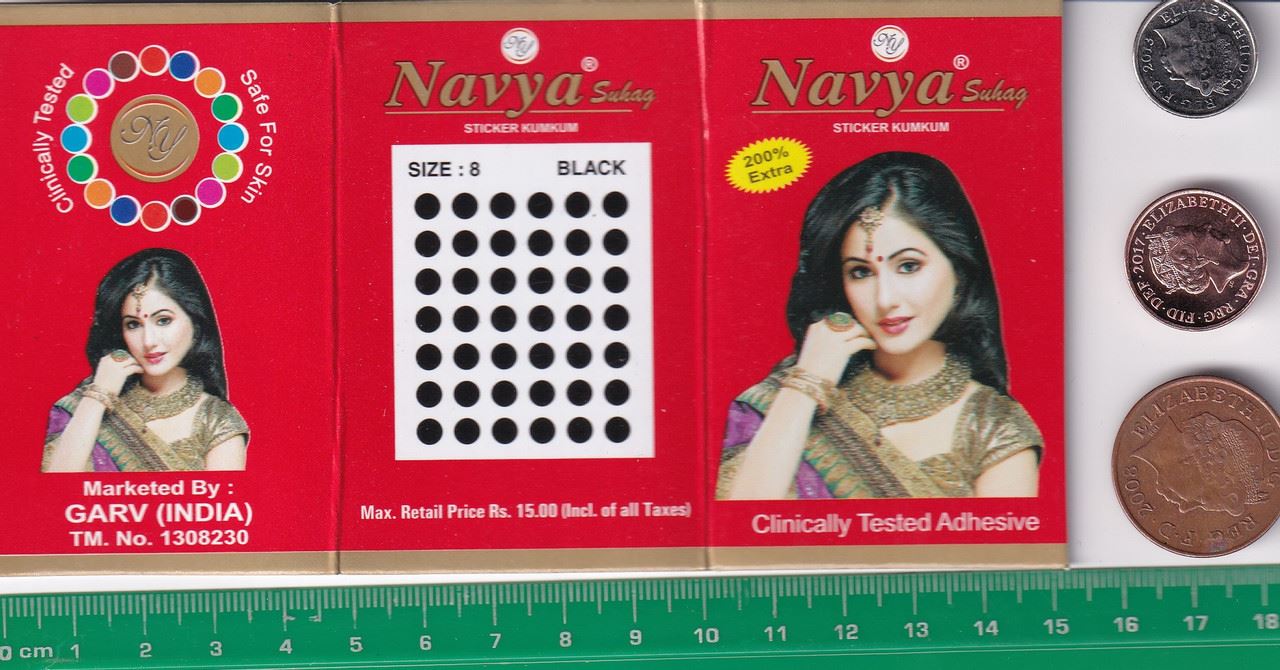 Coloured Bindi round Forehead Tika, Face Jewels Body Art Bollywood Bindis Self Adhesive Stickers Clinically Tested Safe for Skin - Size 3 to Size 10