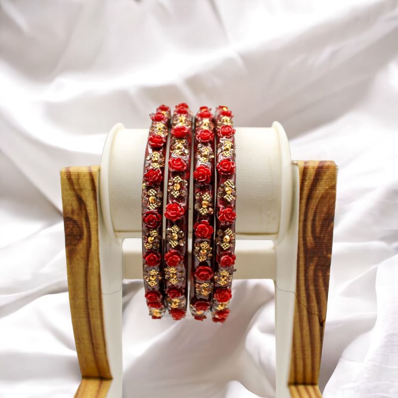Indian Plastic Bangles Set 4-Stone&Flower Work Women Girl Wedding Special Bangle