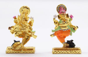 LORD GANESHA  DANCE GOLD & ORANGE COLOR CAR DASH BOARD SMALL STATUE HINDU METAL