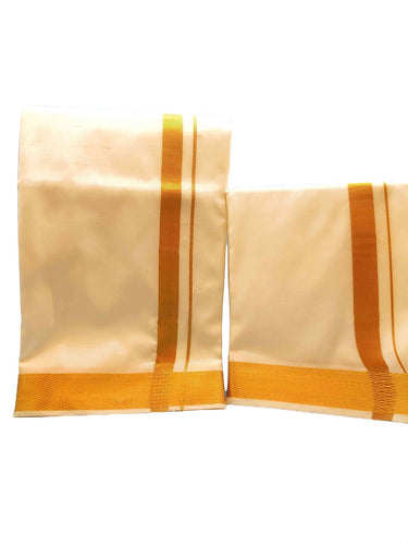 Veshti Dhoti Mundu Vatti Vetti Sattai for Men Pattu Silk Blend with Ready Angavastram Shawl