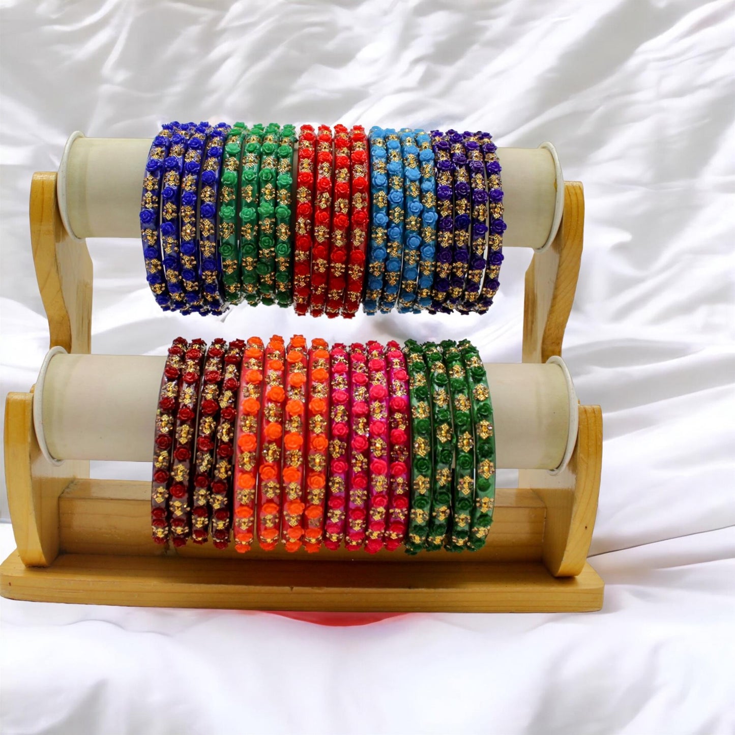 Indian Plastic Bangles Set 4-Stone&Flower Work Women Girl Wedding Special Bangle