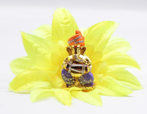 LORD GANESHA  DHOL GOLD & BLUE COLOR CAR DASH BOARD SMALL STATUE HINDU METAL