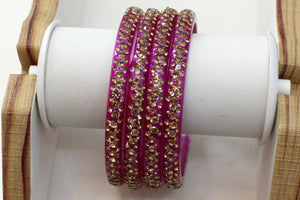 Glass Bangles Set of 4 - Golden Stone Decorated Bollywood Traditional Beautiful Bangle Set for Women Girl Wedding Special