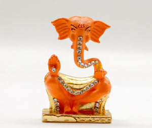 LORD GANESHA NECK ORANGE COLOR GANPATI CAR DASH BOARD SMALL STATUE HINDU METAL