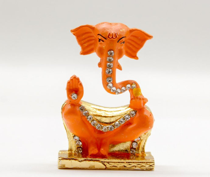 LORD GANESHA NECK ORANGE COLOR GANPATI CAR DASH BOARD SMALL STATUE HINDU METAL