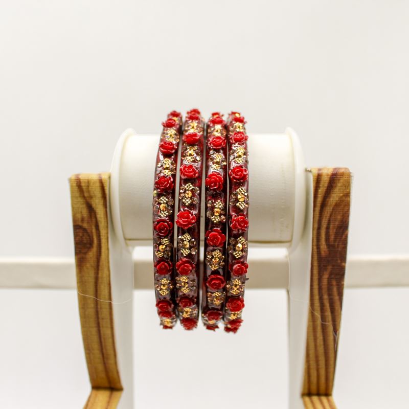 Indian Plastic Bangles Set 4-Stone&Flower Work Women Girl Wedding Special Bangle