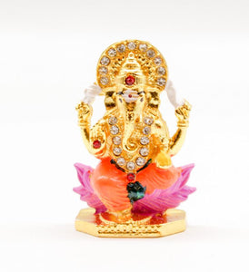 LORD GANESHA GOLD & ORANGE COLOR GANPATI CAR DASH BOARD SMALL STATUE HINDU METAL