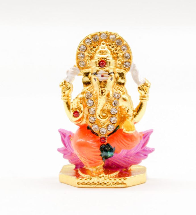 LORD GANESHA GOLD & ORANGE COLOR GANPATI CAR DASH BOARD SMALL STATUE HINDU METAL