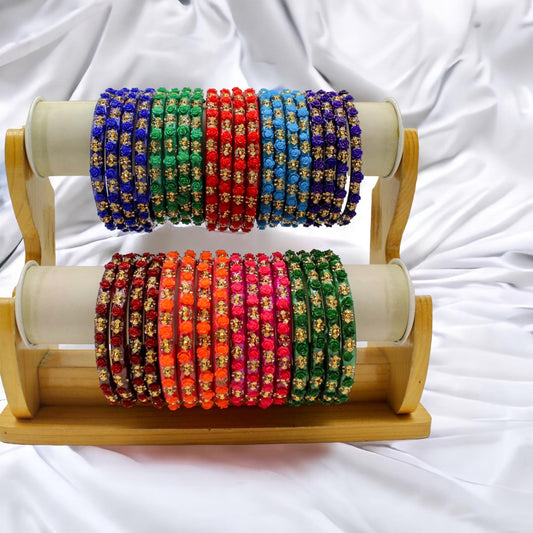 Indian Plastic Bangles Set 4-Stone&Flower Work Women Girl Wedding Special Bangle