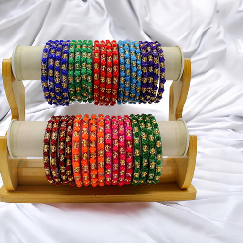 Indian Plastic Bangles Set 4-Stone&Flower Work Women Girl Wedding Special Bangle